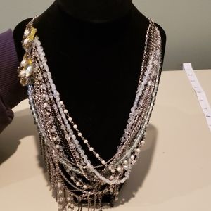 Multi beaded necklace with jewel and pearl brooch